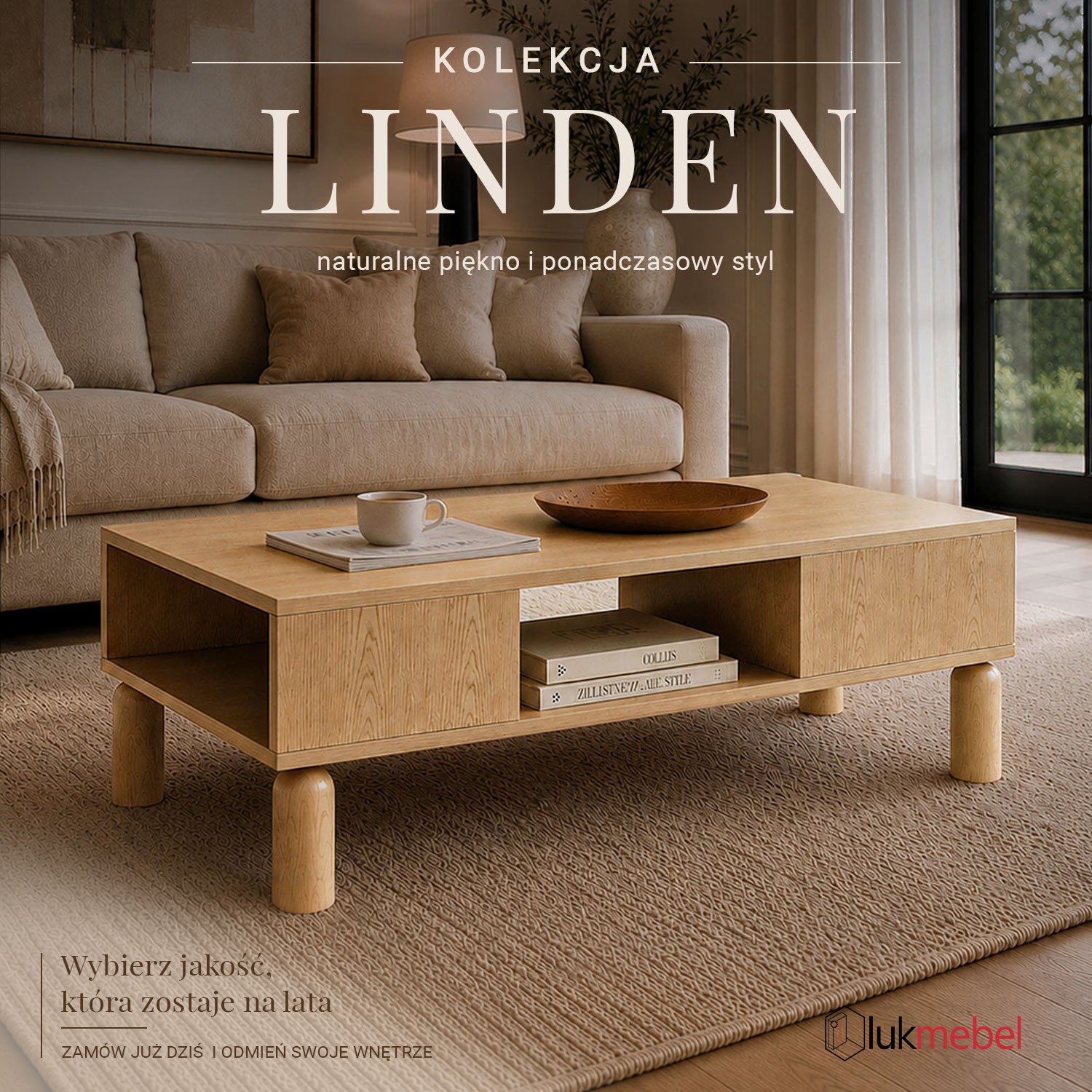 Stolik kawowy LINDEN z otwartymi wnękami i szufladą