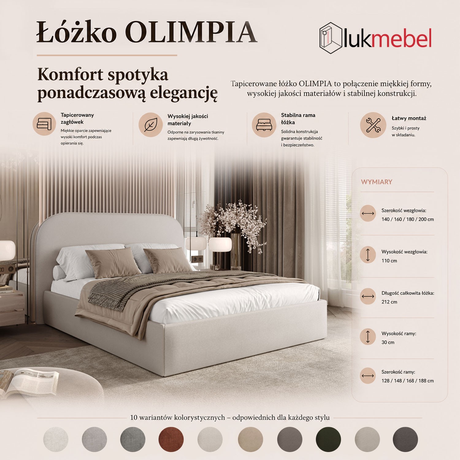 Łóżko tapicerowane OLIMPIA z pojemnikiem na pościel