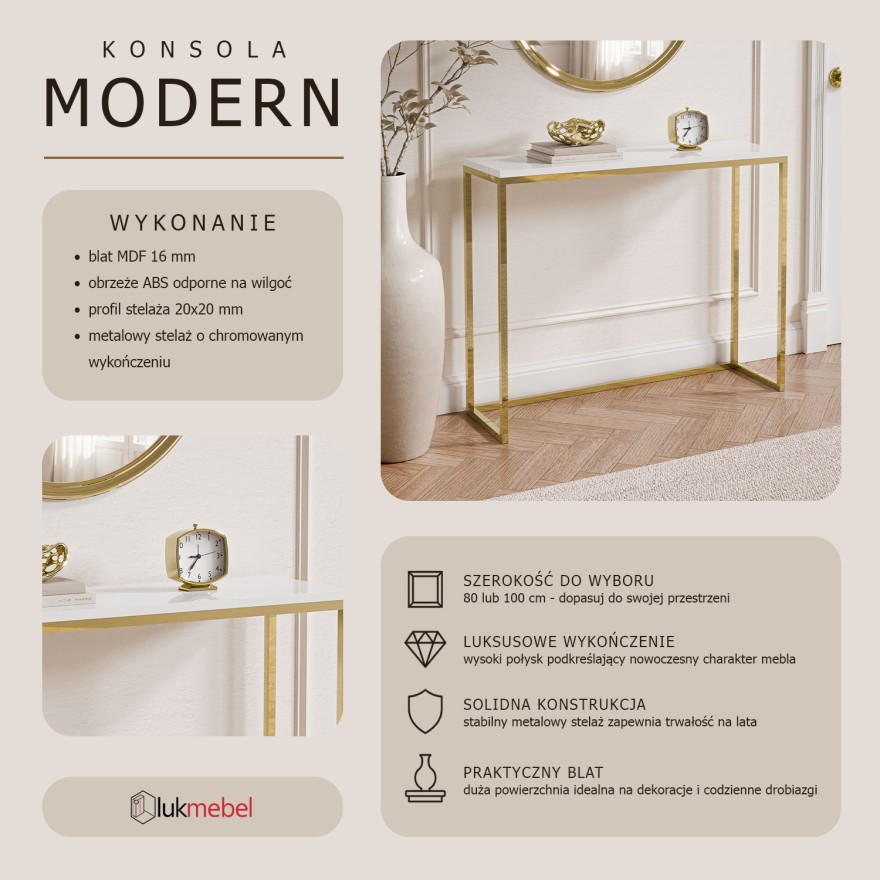 Konsola MODERN II ZŁOTY CHROM 80/100 cm wysoki połysk