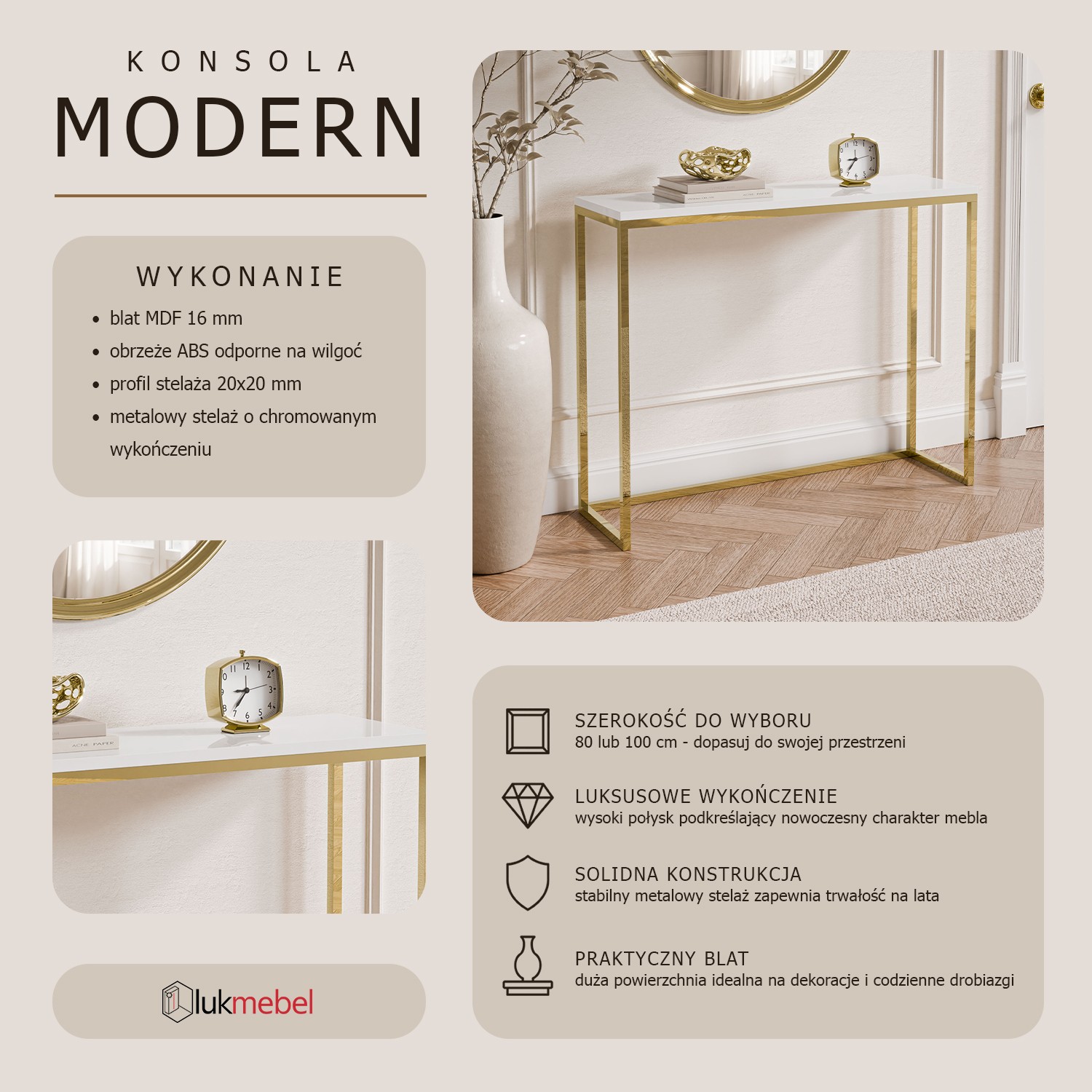 Konsola MODERN II ZŁOTY CHROM 80/100 cm wysoki połysk