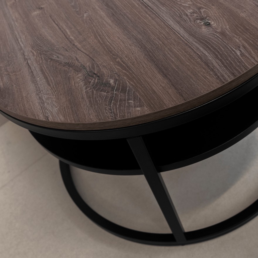 OUTLET Okrągły stolik kawowy CIRI SLIM z półką dąb stirling