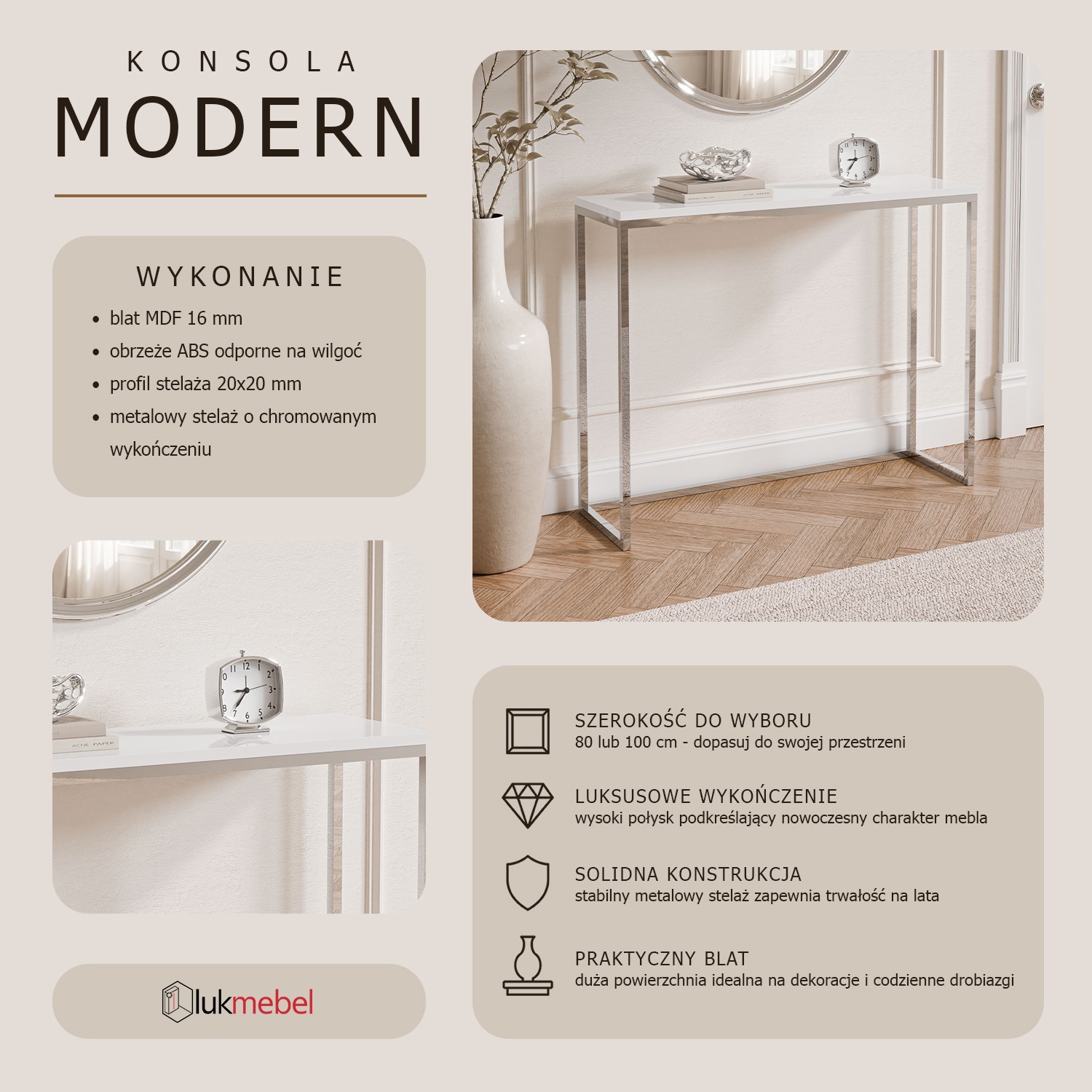 Konsola MODERN II CHROM 80/100 cm wysoki połysk