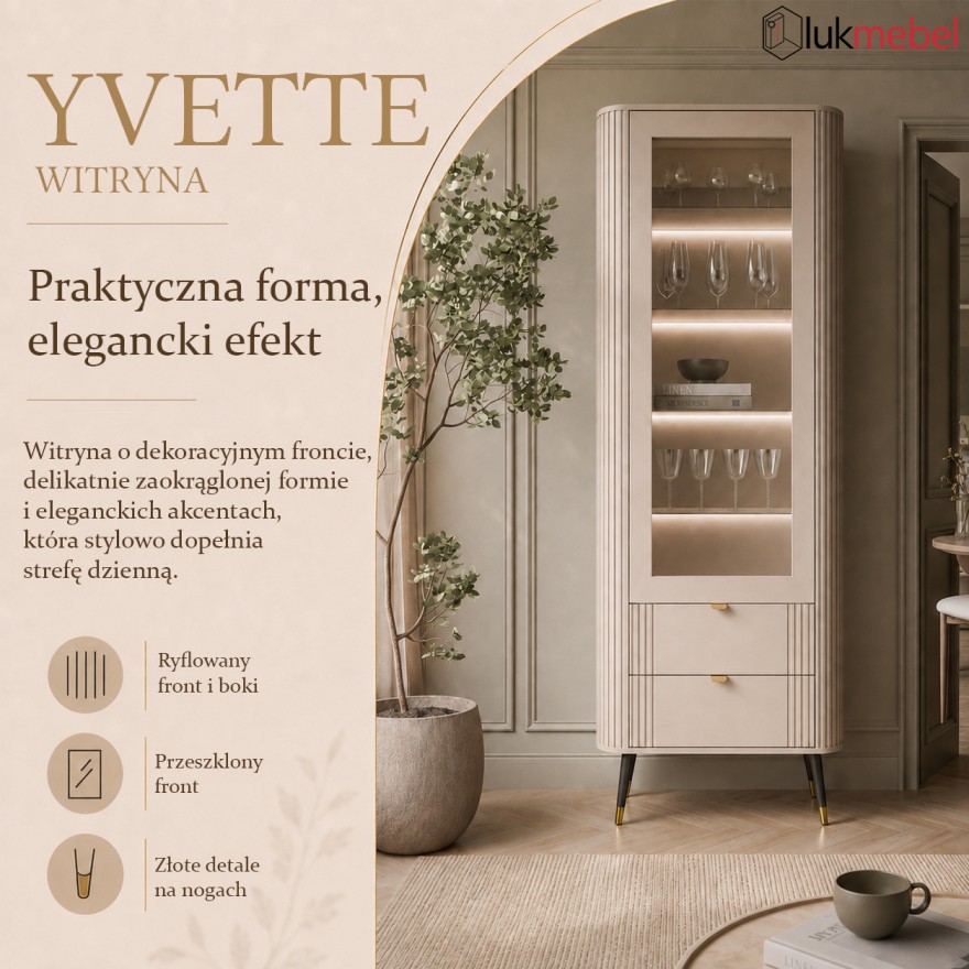 Przeszklona witryna YVETTE KASZMIR z szufladami i oświetleniem LED