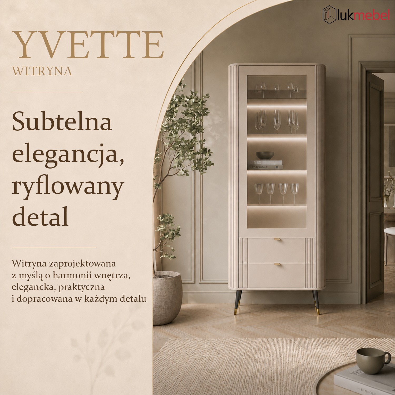Przeszklona witryna YVETTE KASZMIR z szufladami i oświetleniem LED