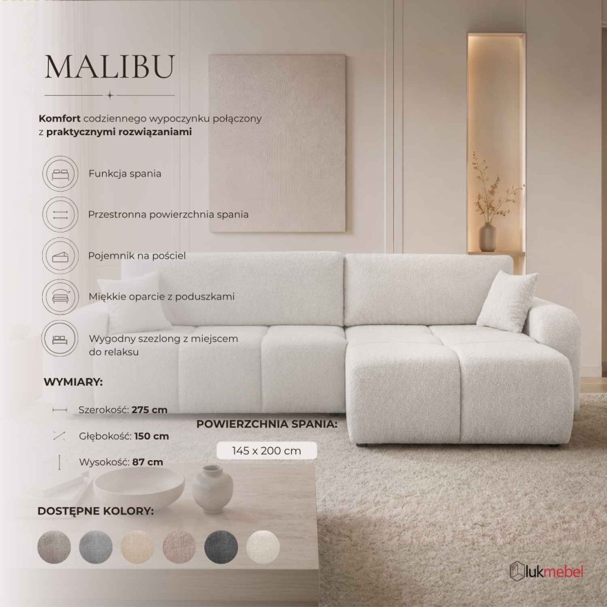 Narożnik MALIBU XL z funkcją spania i pojemnikiem na pościel