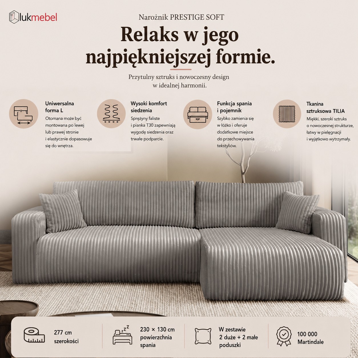 Narożnik PRESTIGE SOFT z funkcją spania i pojemnikiem na pościel