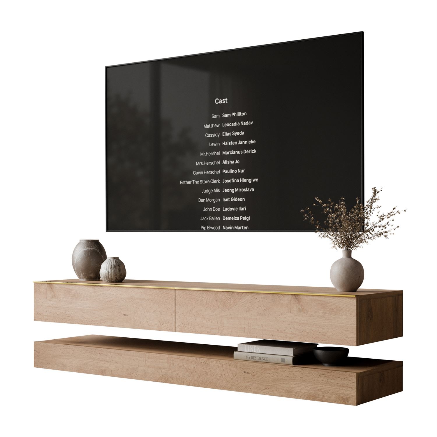 Szafka RTV SKY II 140cm ze złotymi uchwytami i oświetleniem LED