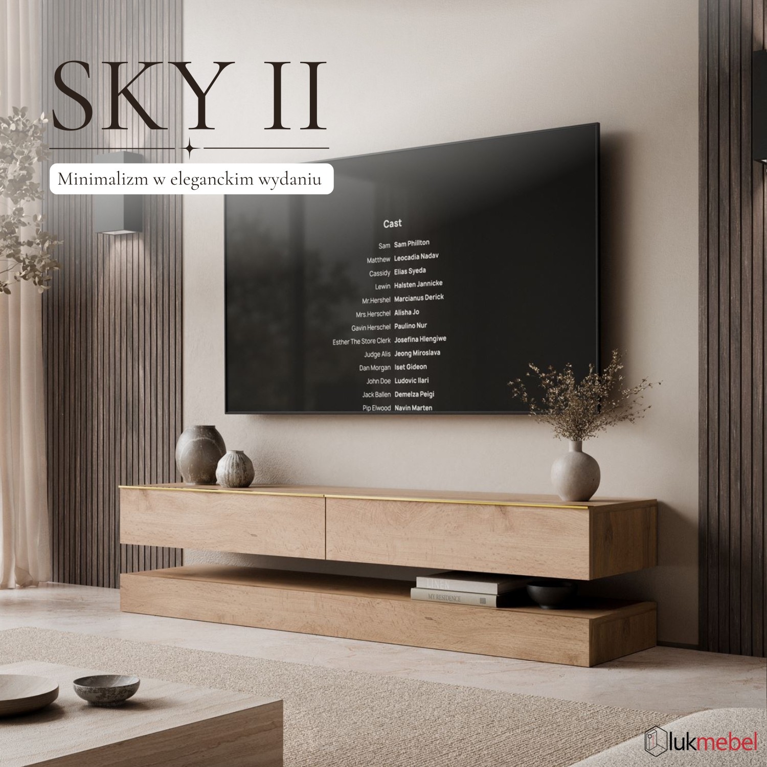 Szafka RTV SKY II 140cm ze złotymi uchwytami i oświetleniem LED