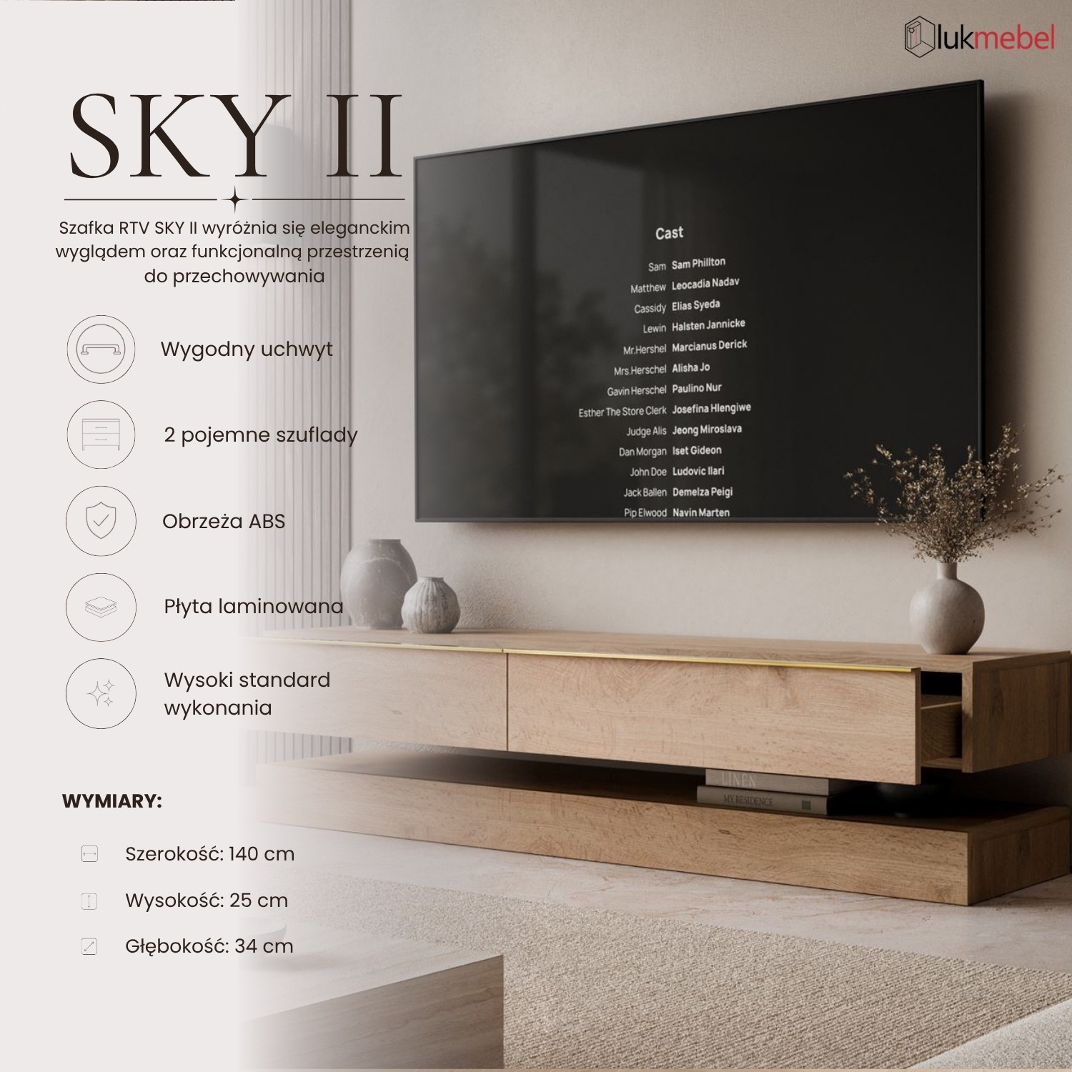 Szafka RTV SKY II 140cm ze złotymi uchwytami i oświetleniem LED
