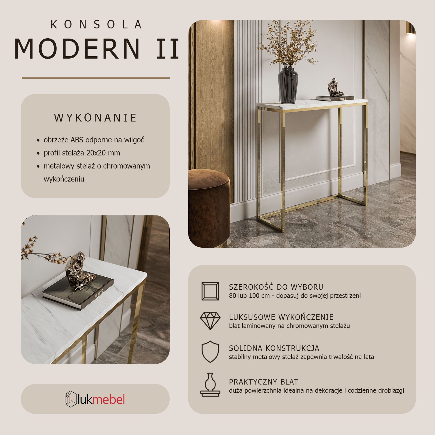 Konsola MODERN II LEVANTO ZŁOTY CHROM 80/100 cm