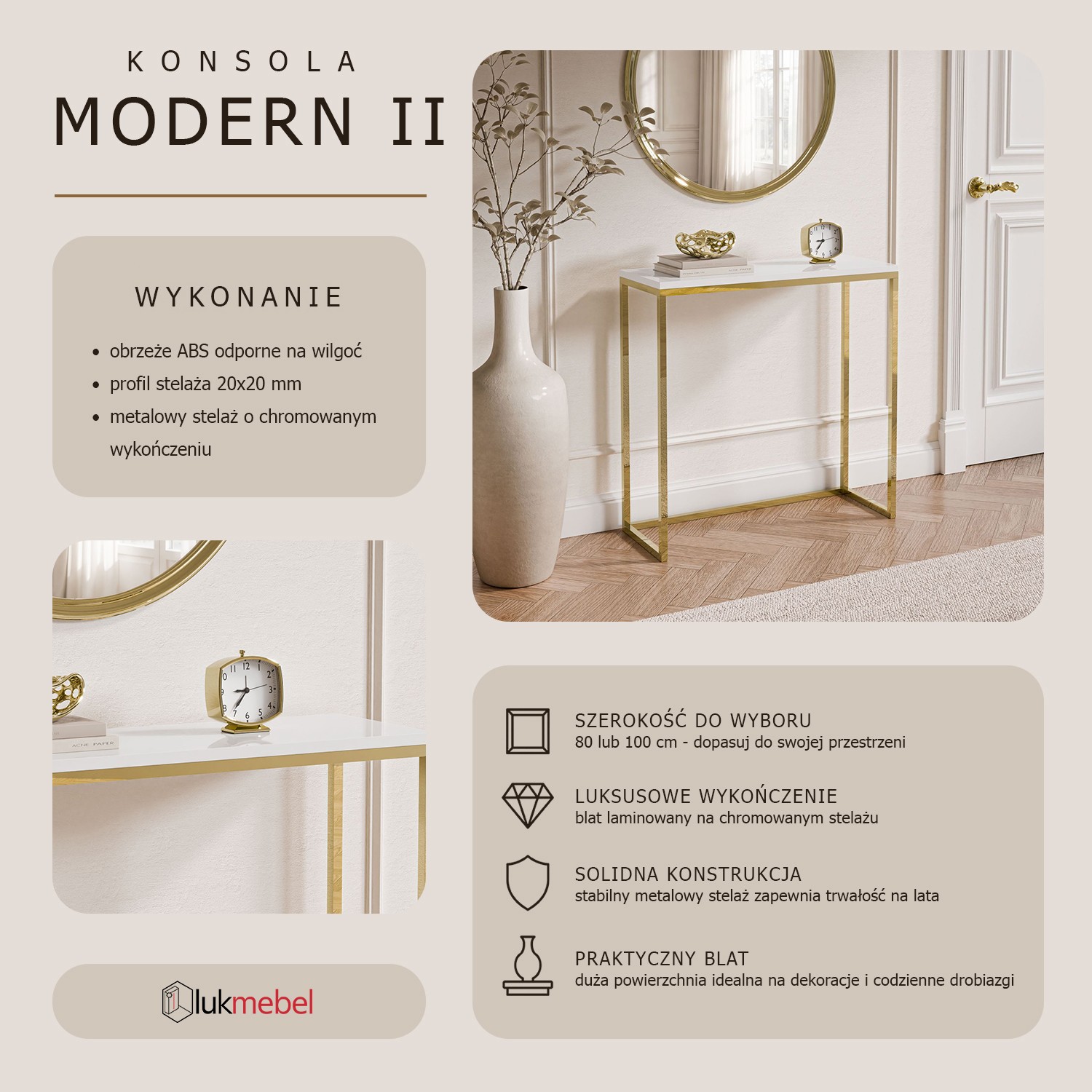 Konsola MODERN II ZŁOTY CHROM 80/100 cm wysoki połysk