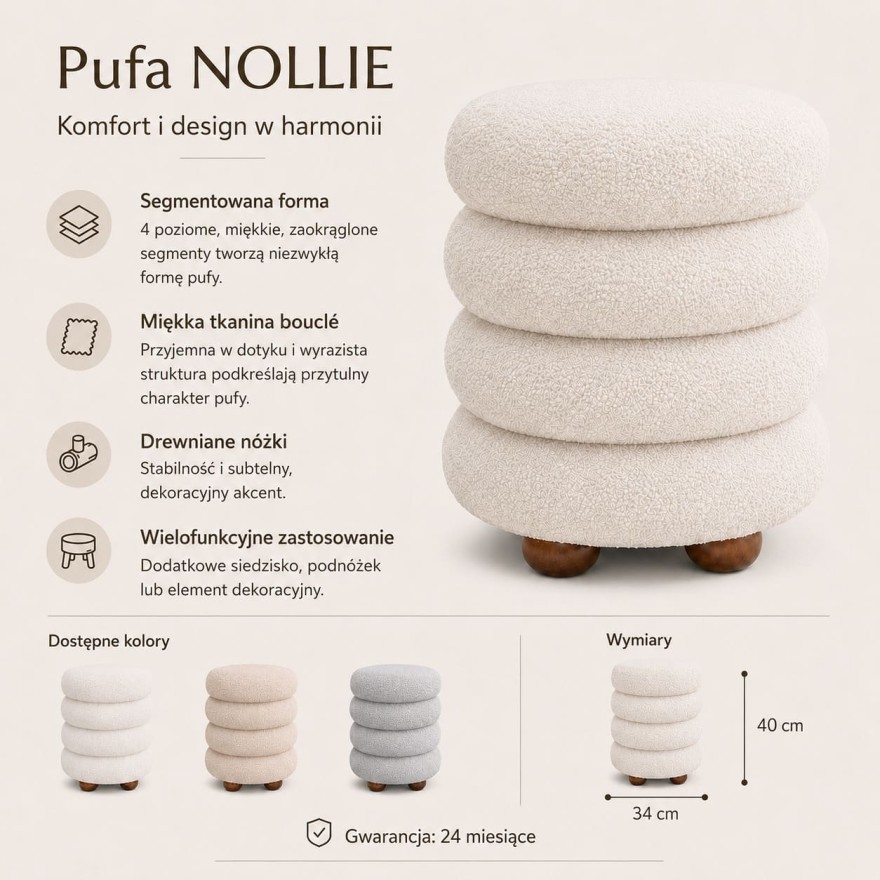 Pufa NOLLIE z tkaniny bouclé i dekoracyjną segmentową formą