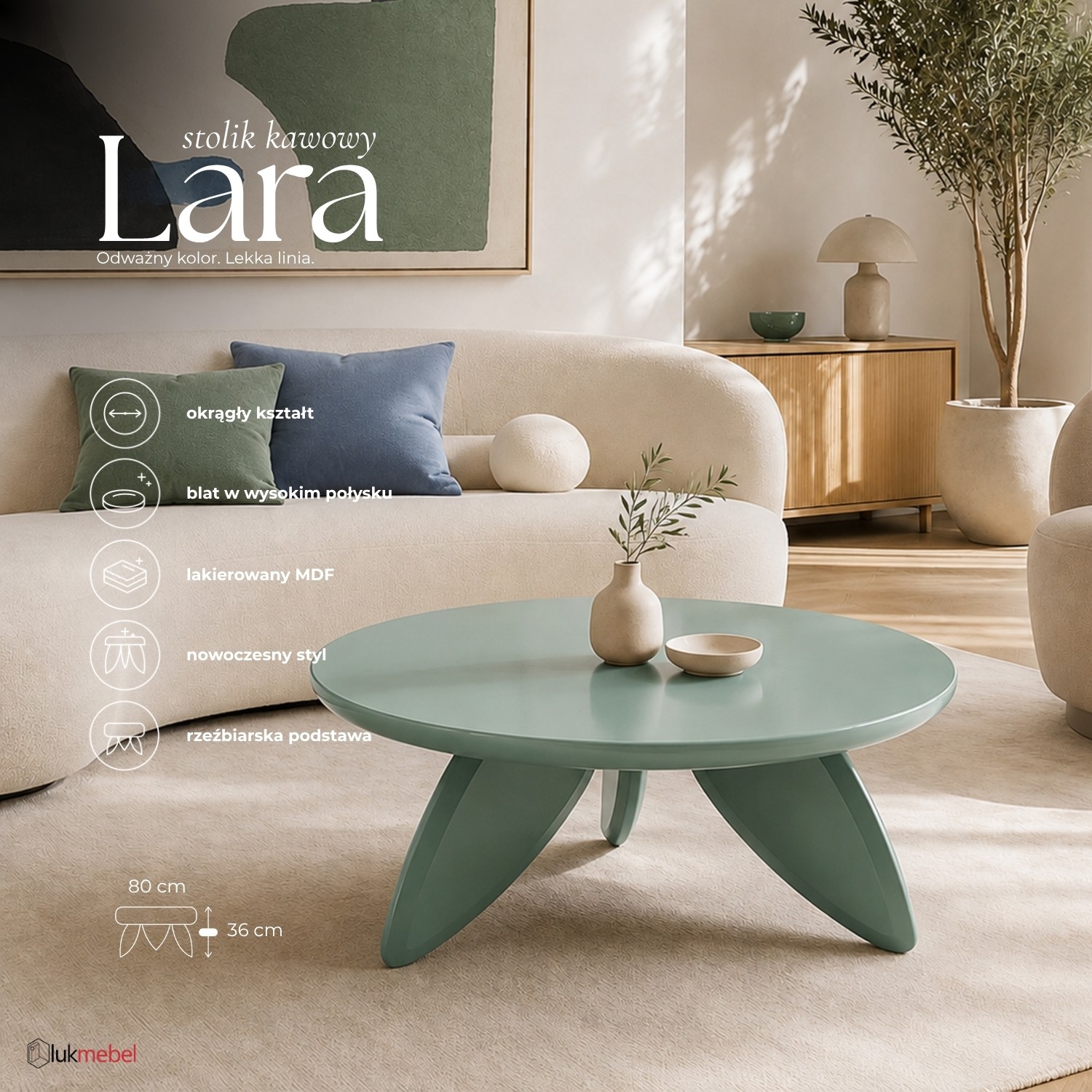 Designerski stolik kawowy LARA 80 cm z okrągłym blatem w połysku