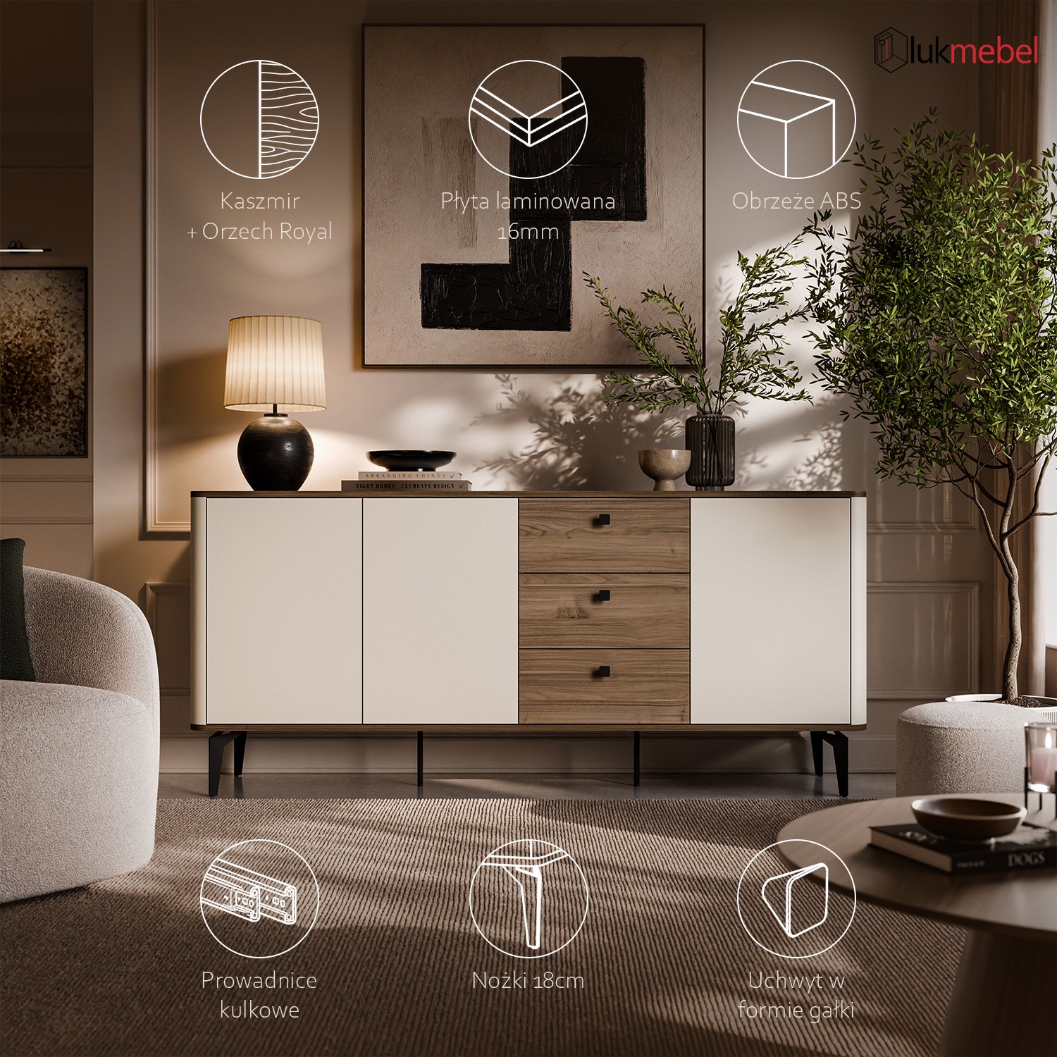 Komoda MOCHA 180 cm 3D3S kaszmir Orzech Royal z szufladami