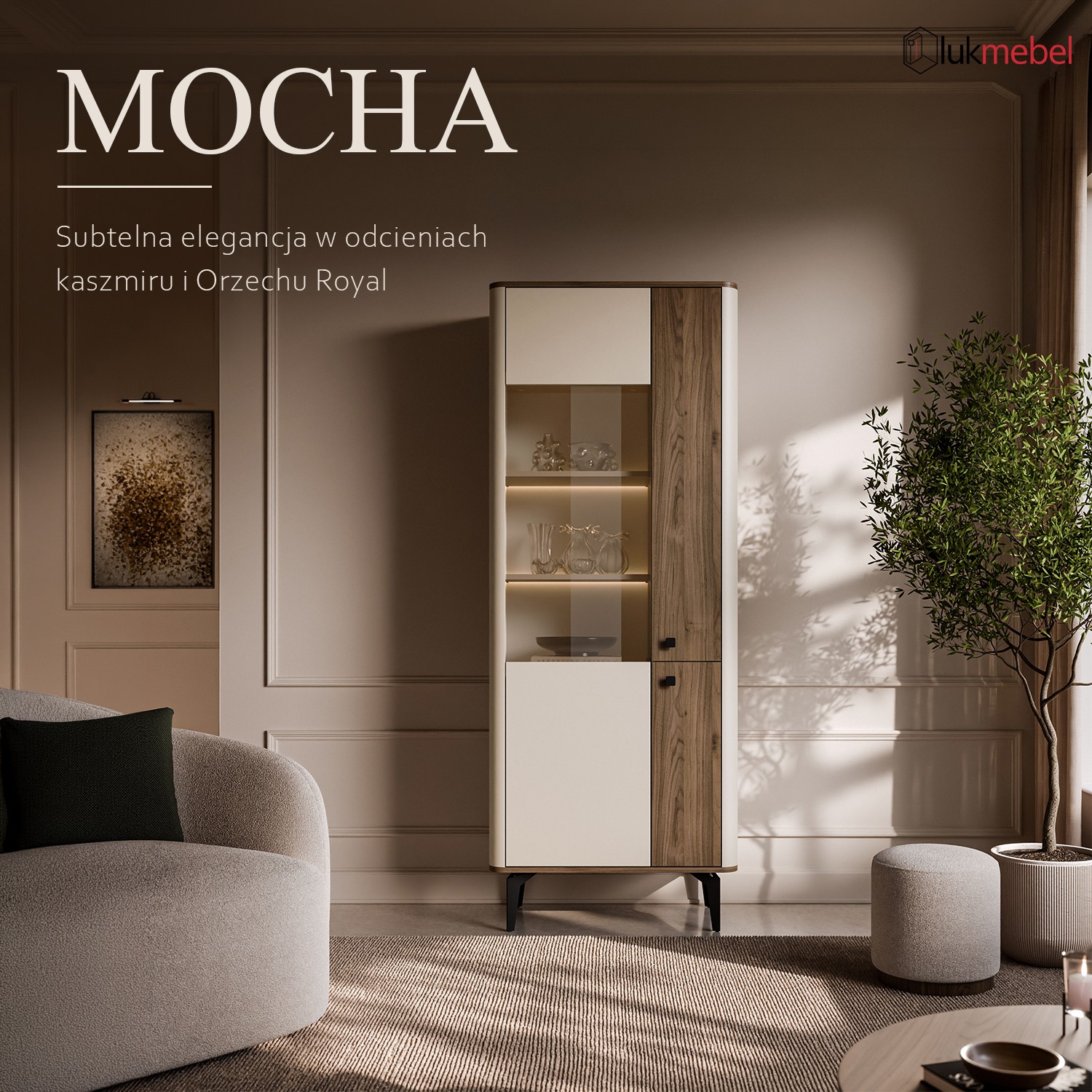 Witryna do salonu MOCHA z przeszklonym frontem i LED
