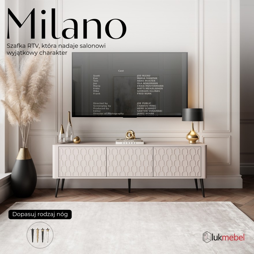 Szafka RTV MILANO 3D z dekoracyjnymi frontami na wysokich nóżkach