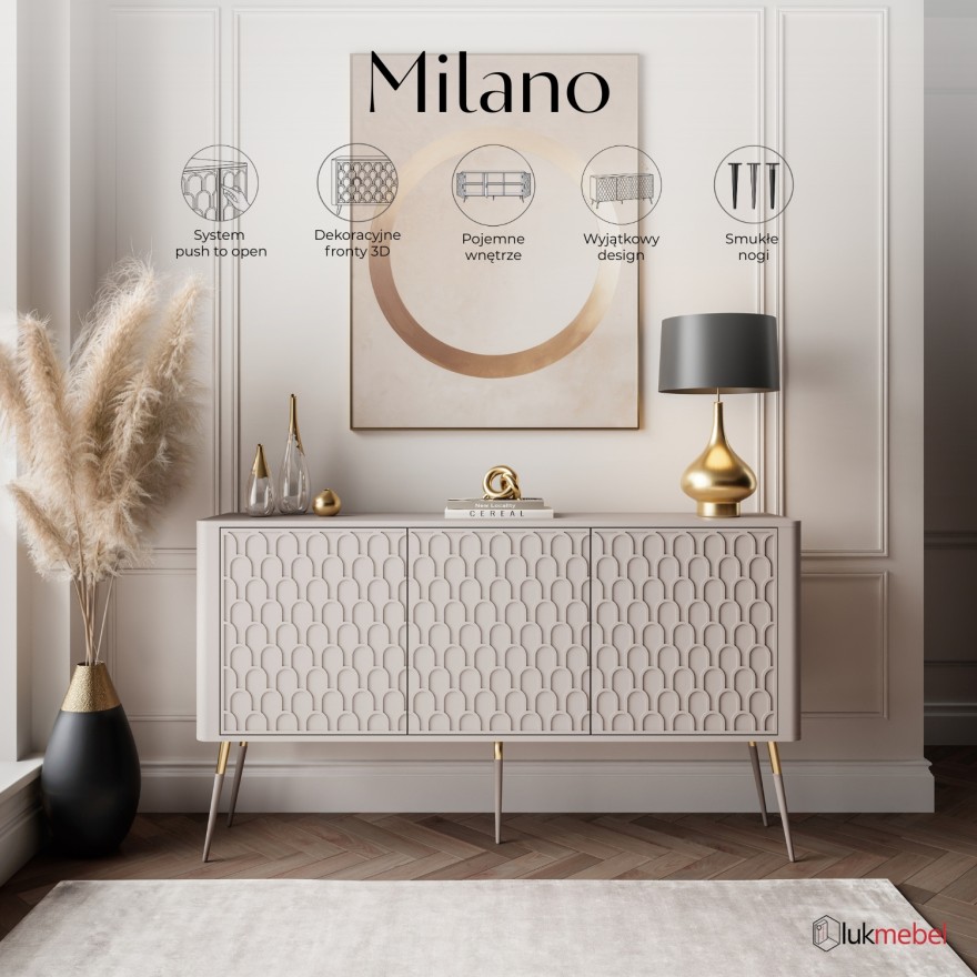Komoda MILANO 3D z dekoracyjnymi frontami na wysokich nogach