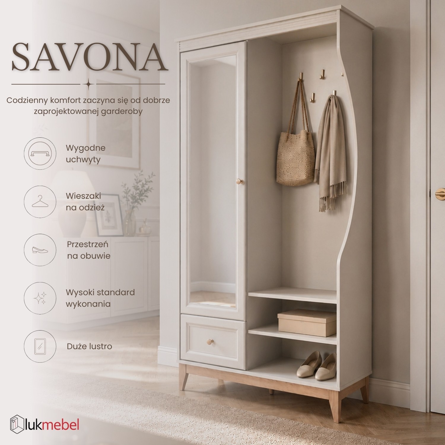 Garderoba SAVONA z lustrem i szafką na buty do przedpokoju