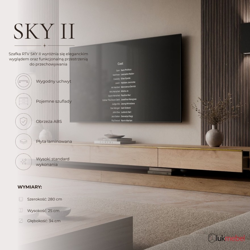 Szafka RTV SKY II 280 cm z oświetleniem LED i złotymi uchwytami