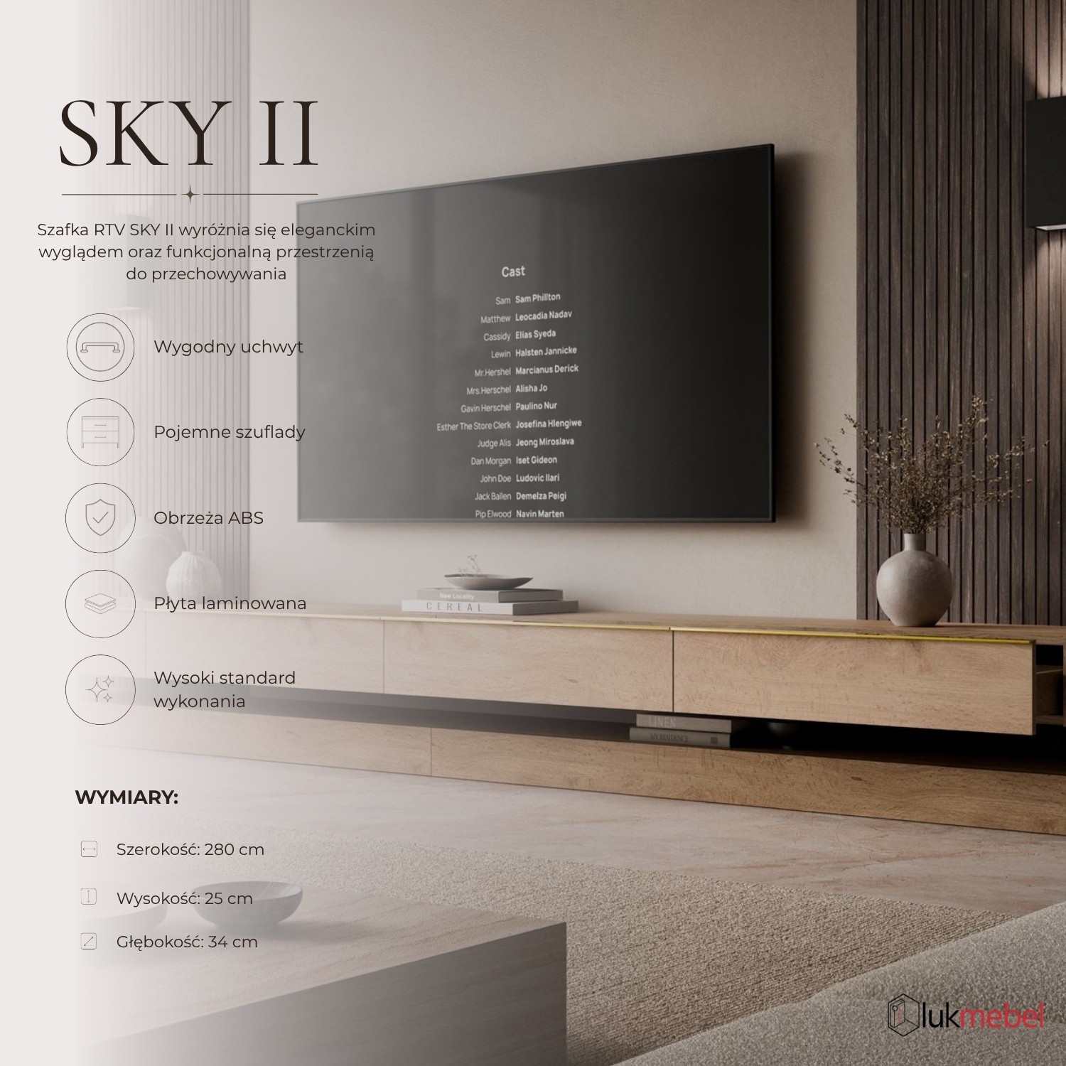 Szafka RTV SKY II 280 cm z oświetleniem LED i złotymi uchwytami