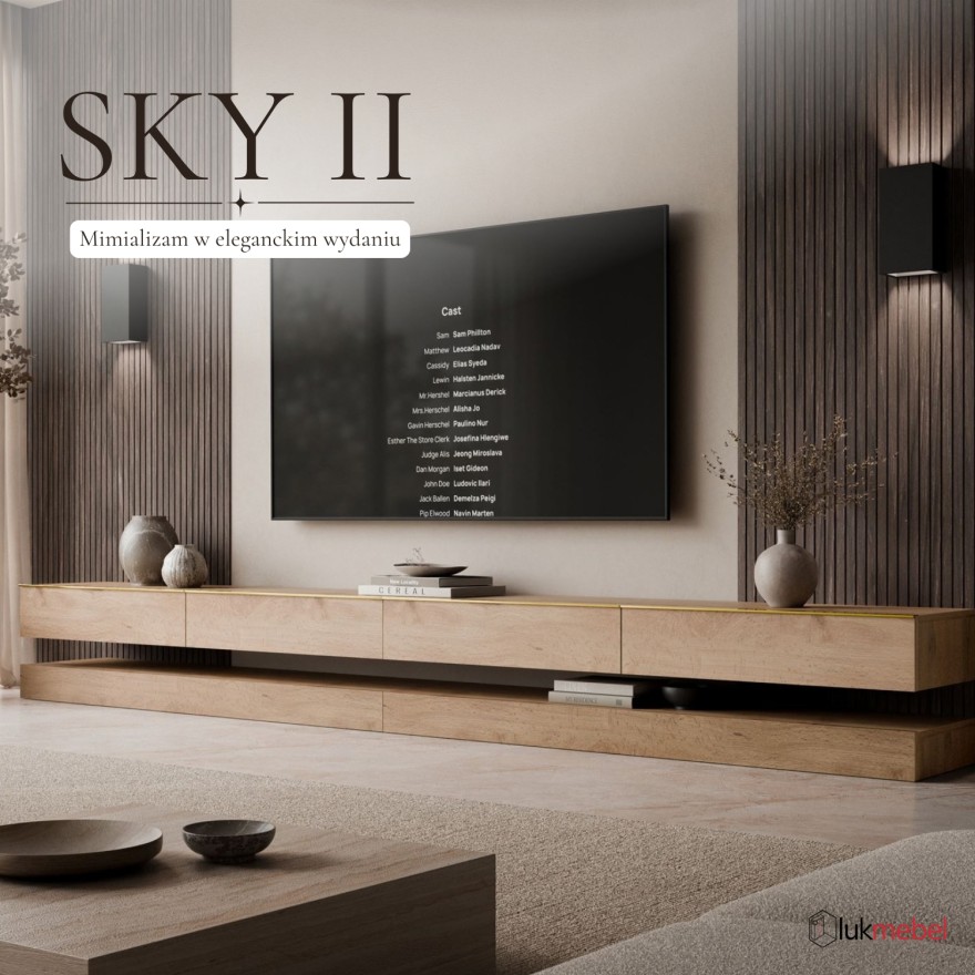 Szafka RTV SKY II 280 cm z oświetleniem LED i złotymi uchwytami