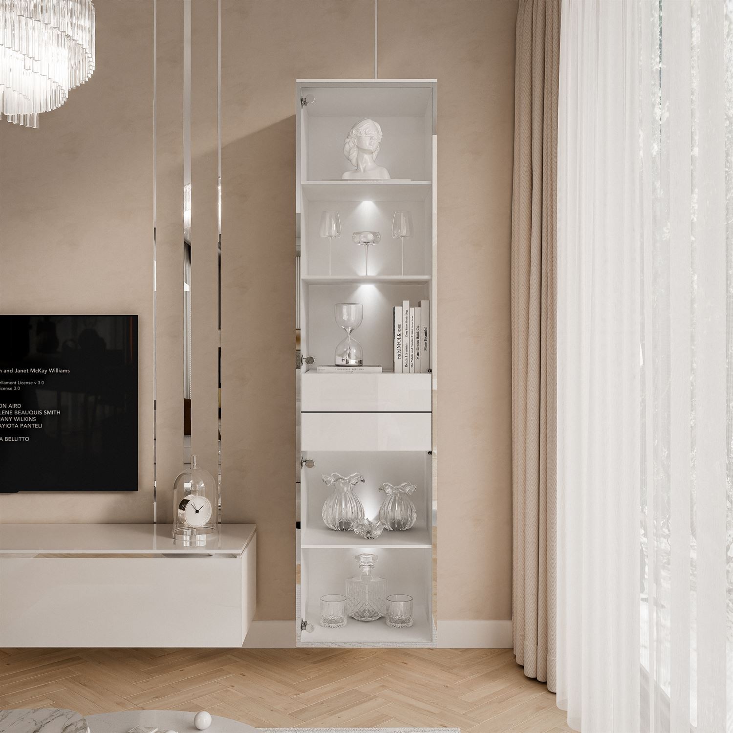 Witryna do salonu AURORA SILVER z oświetleniem LED