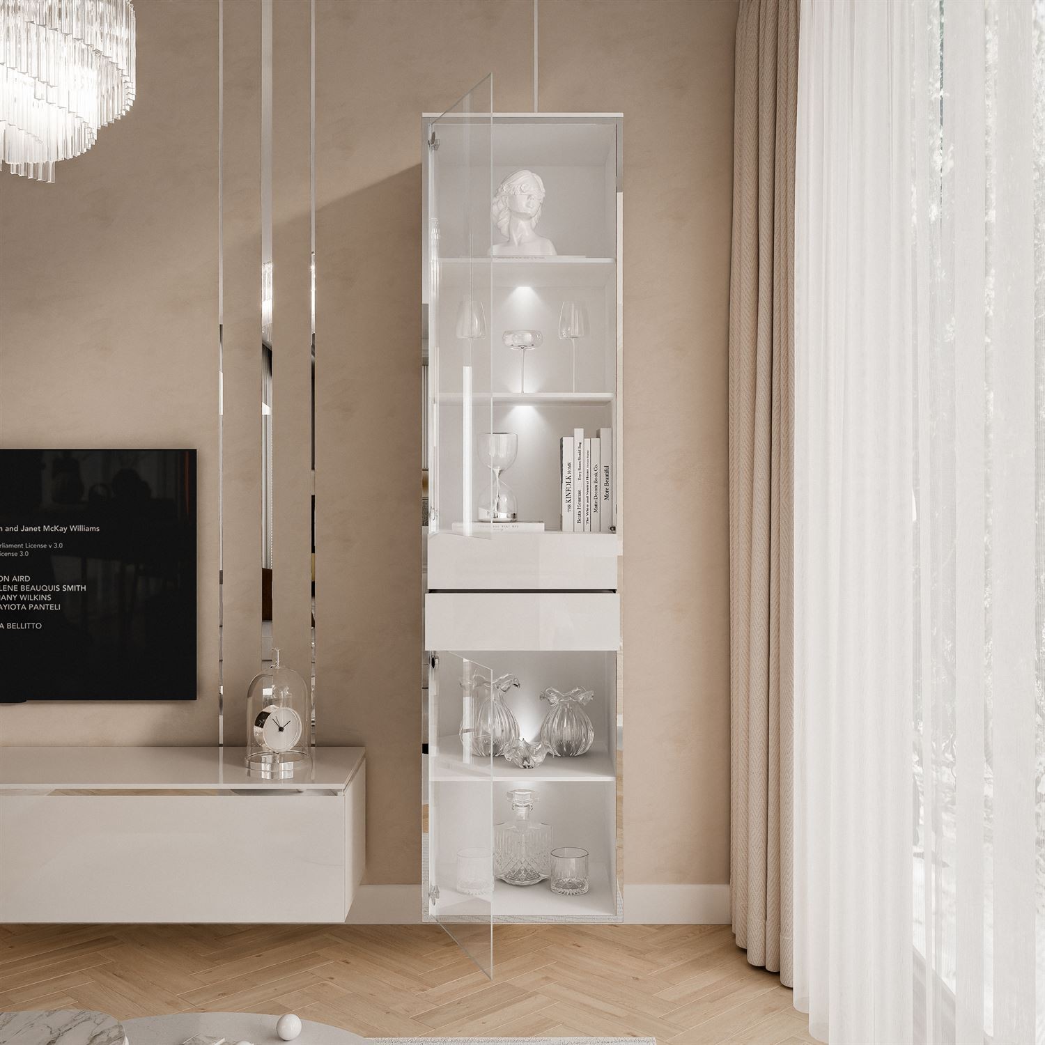 Witryna do salonu AURORA SILVER z oświetleniem LED