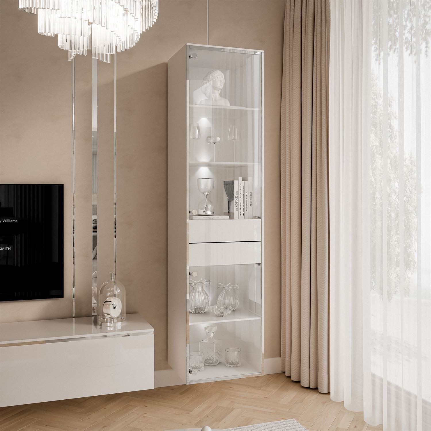 Witryna do salonu AURORA SILVER z oświetleniem LED
