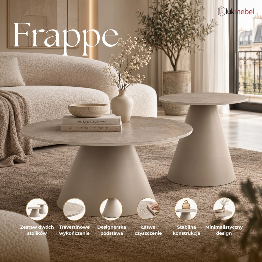Stolik kawowy 2w1 FRAPPE z ceramicznym blatem w dekorze trawertynu