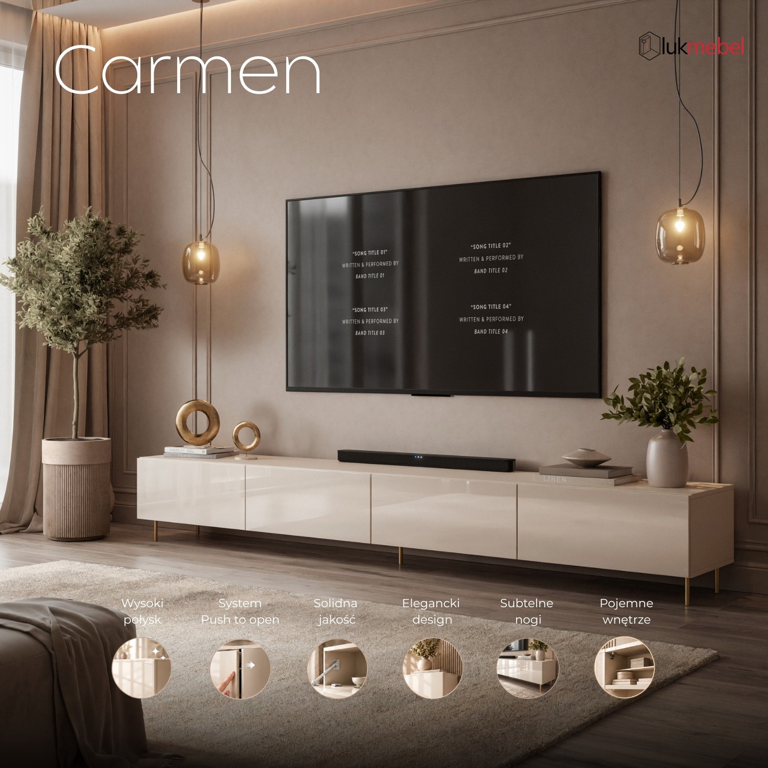 Szafka RTV CARMEN 250 cm kaszmir na nóżkach