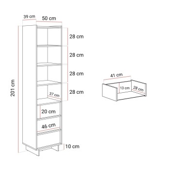 Wąski regał YUKI 50 cm z szufladami w stylu japandi