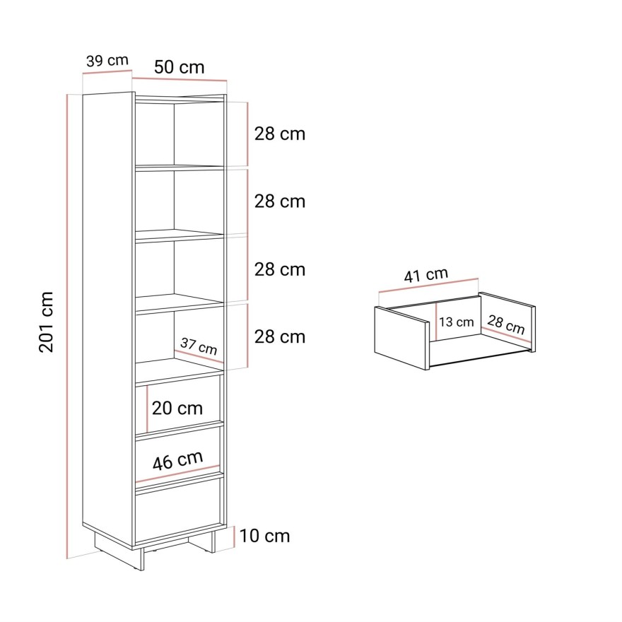 Wąski regał YUKI 50 cm z szufladami w stylu japandi