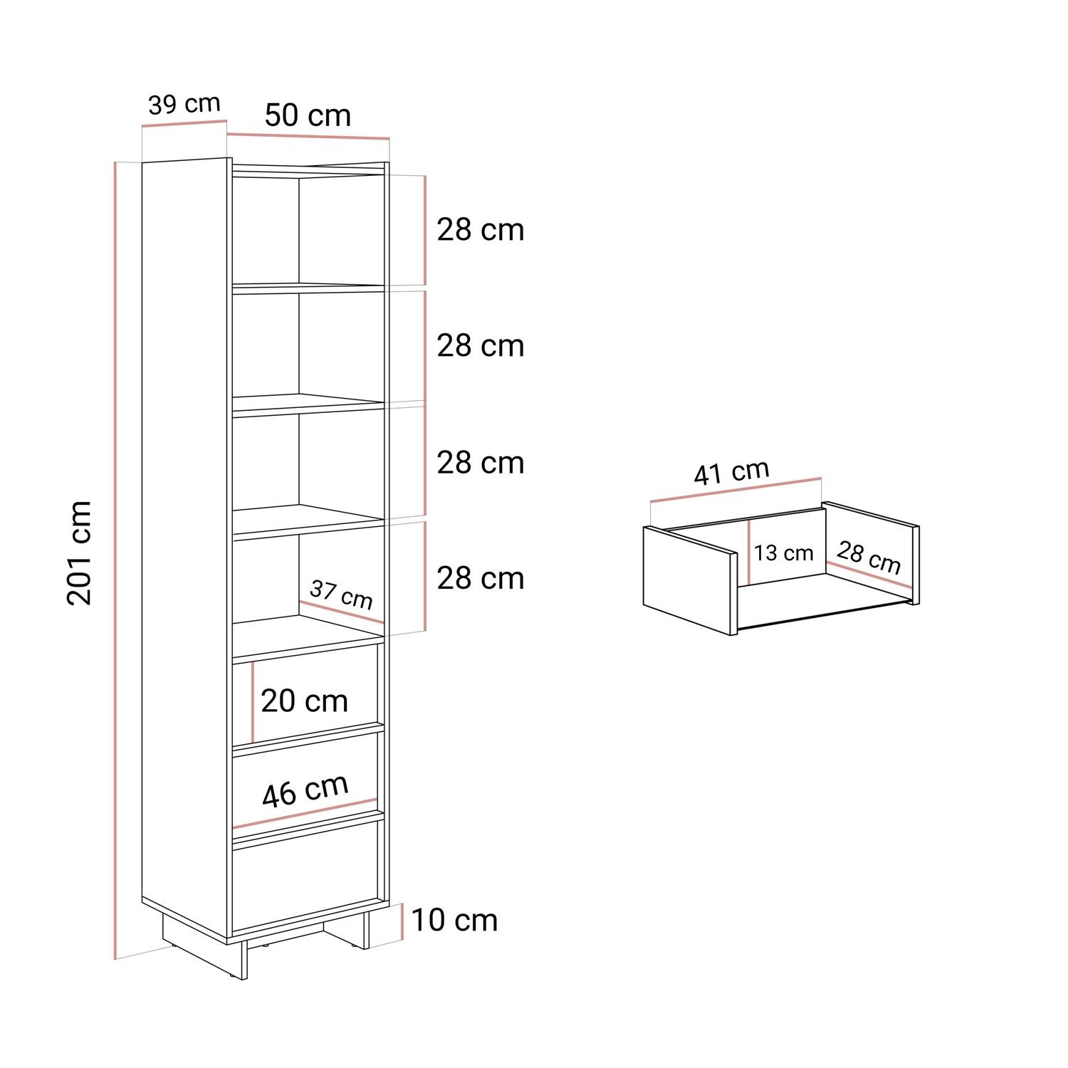 Wąski regał YUKI 50 cm z szufladami w stylu japandi