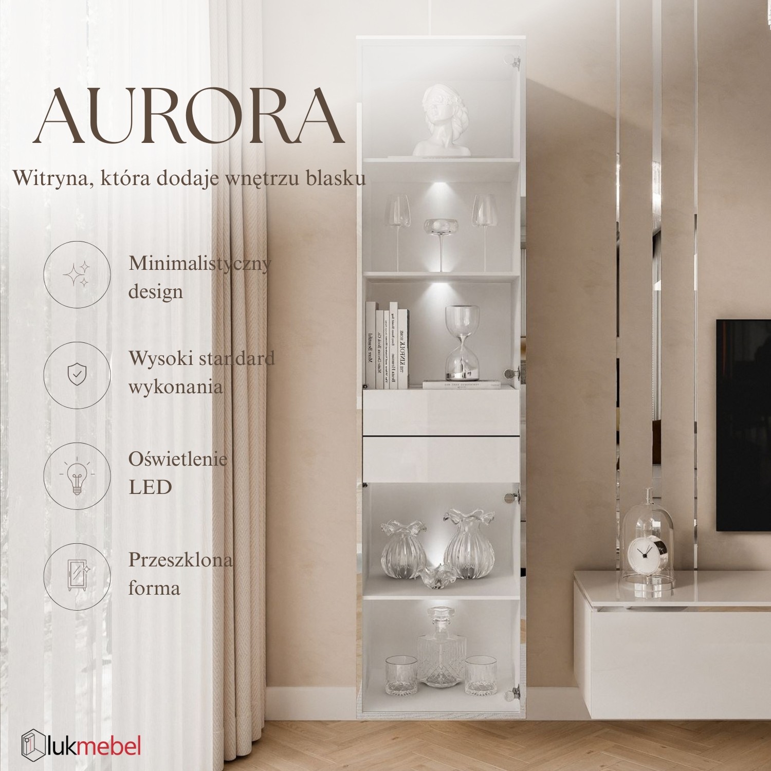 Witryna do salonu AURORA SILVER z oświetleniem LED