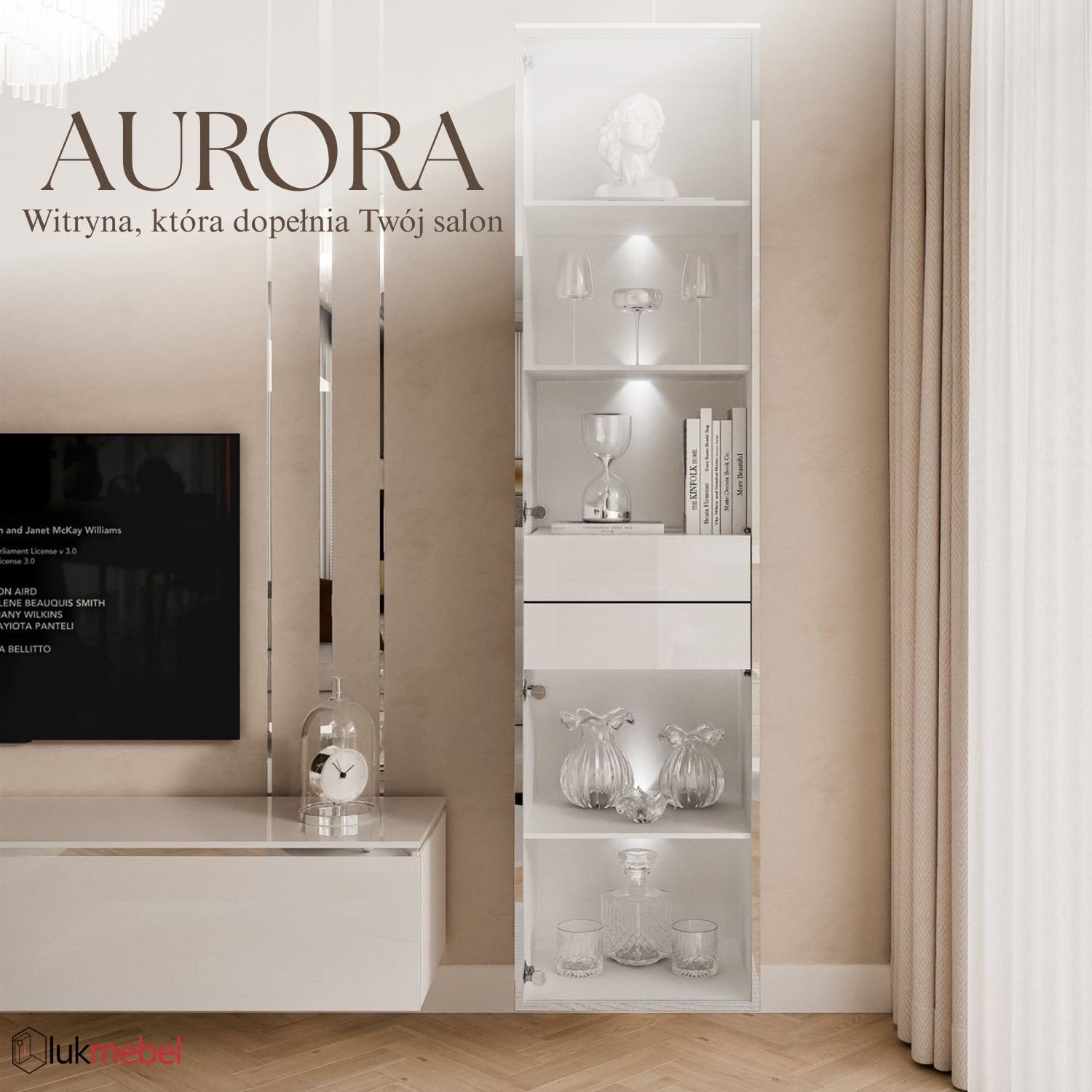 Witryna do salonu AURORA SILVER z oświetleniem LED