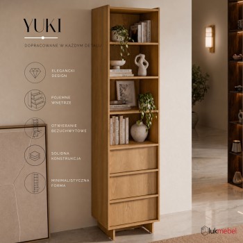 Wąski regał YUKI 50 cm z szufladami w stylu japandi