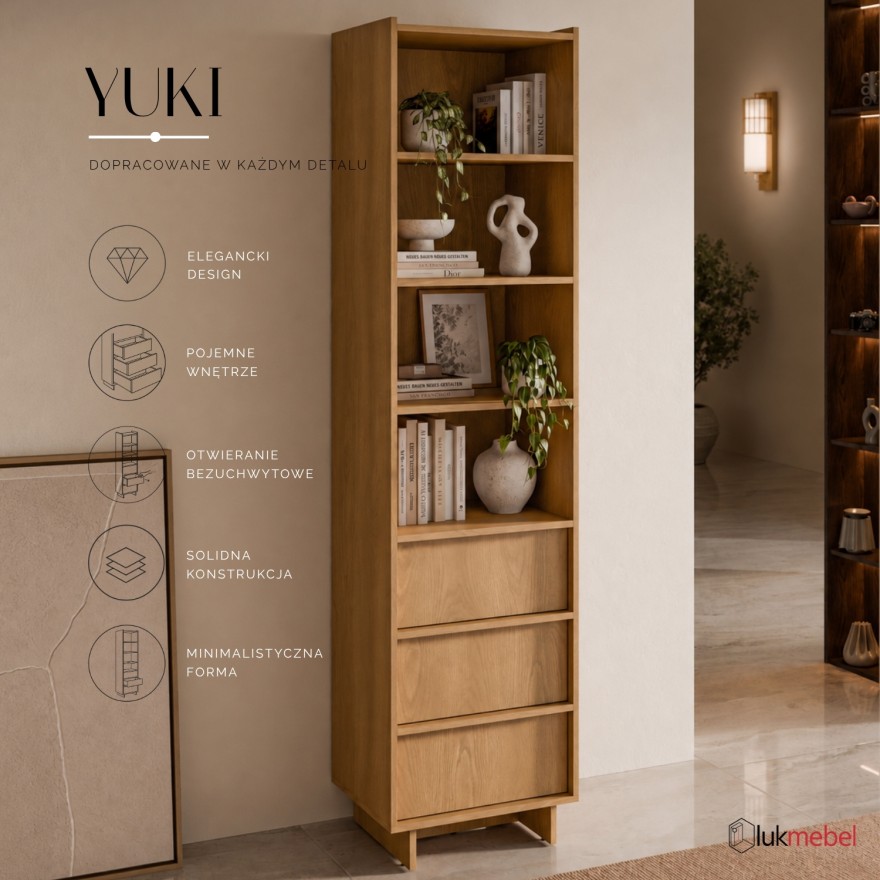 Wąski regał YUKI 50 cm z szufladami w stylu japandi