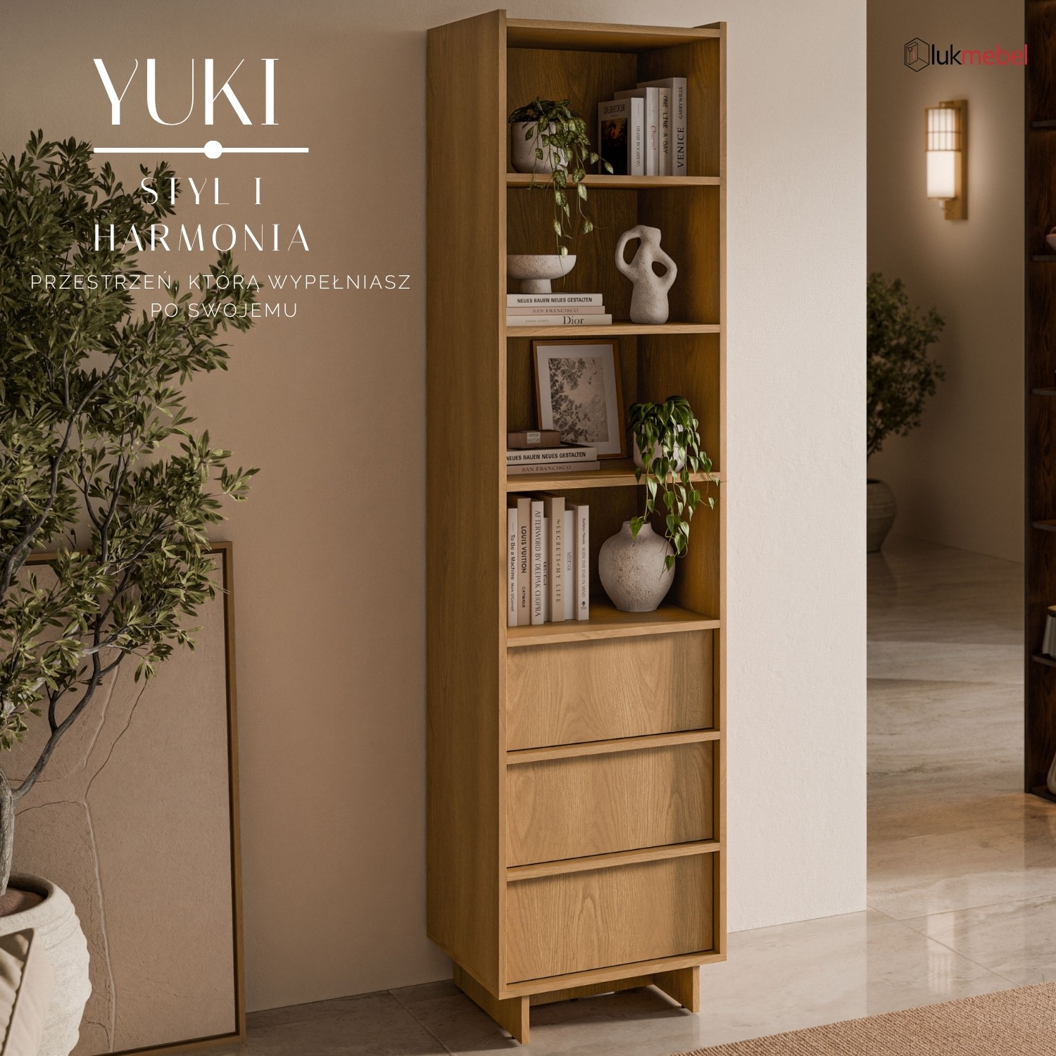 Wąski regał YUKI 50 cm z szufladami w stylu japandi