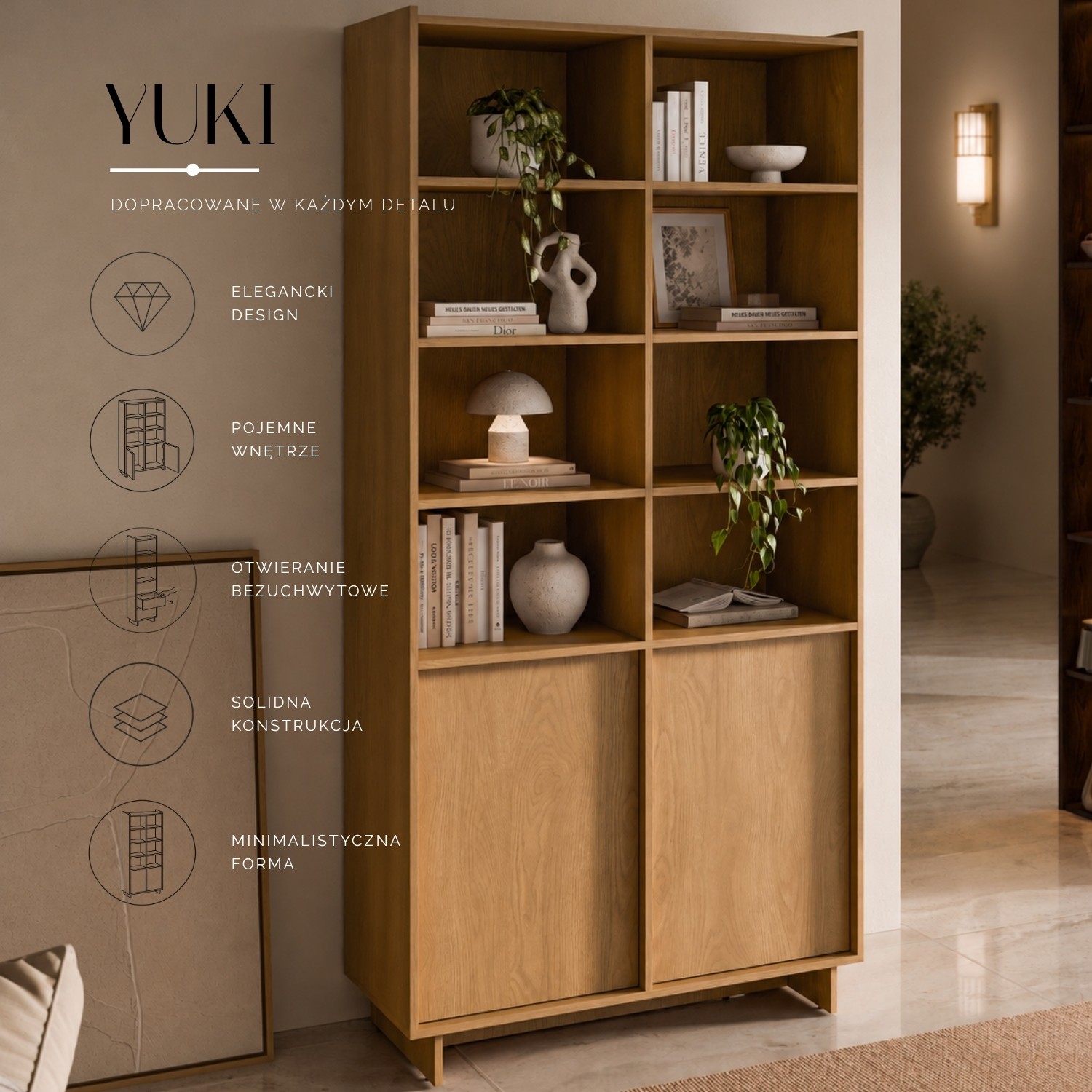 Szeroki regał YUKI 98 cm na książki w stylu japandi