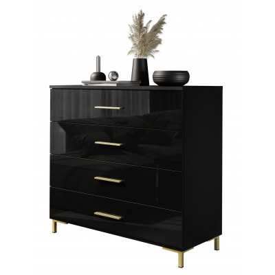 Komoda LINA GOLD czarny połysk z szufladami złote uchwyty nóżki LED
