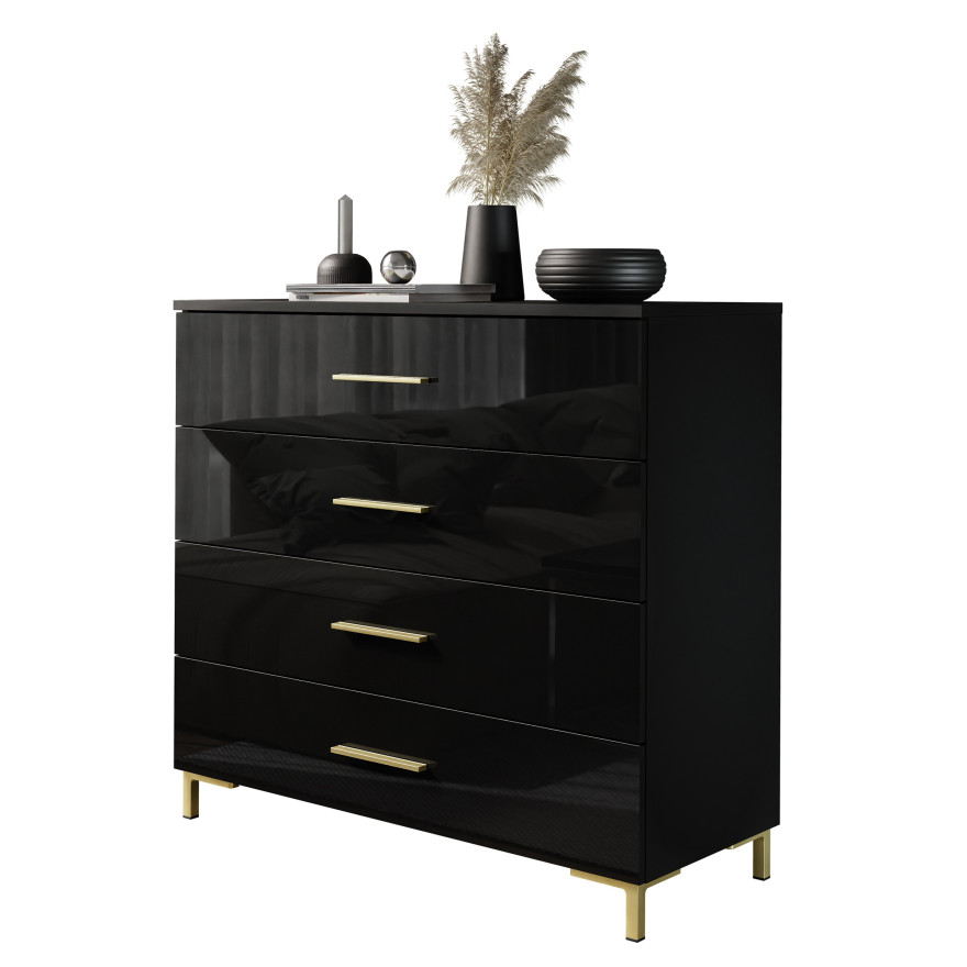 Komoda LINA GOLD czarny połysk z szufladami złote uchwyty nóżki LED
