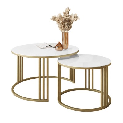 Okrągły stolik kawowy 2w1 LORI GLASS ze złotym stelażem Okrągły stolik kawowy 2w1 LORI GLASS ze złotym stelażem
