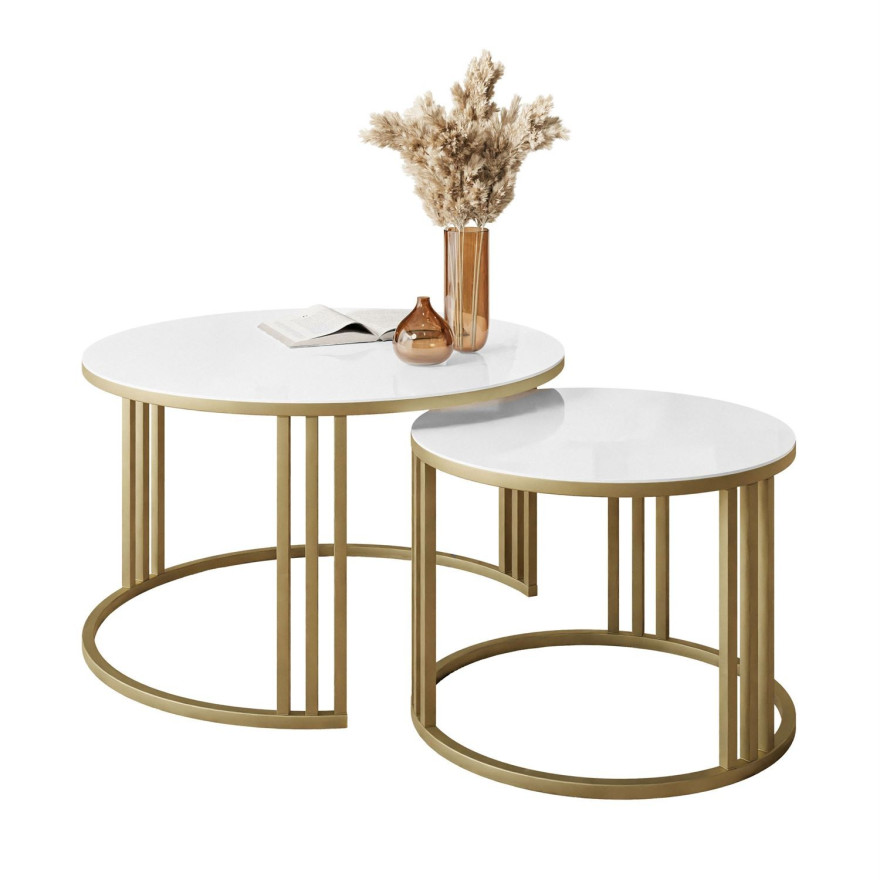 Okrągły stolik kawowy 2w1 LORI GLASS ze złotym stelażem Okrągły stolik kawowy 2w1 LORI GLASS ze złotym stelażem