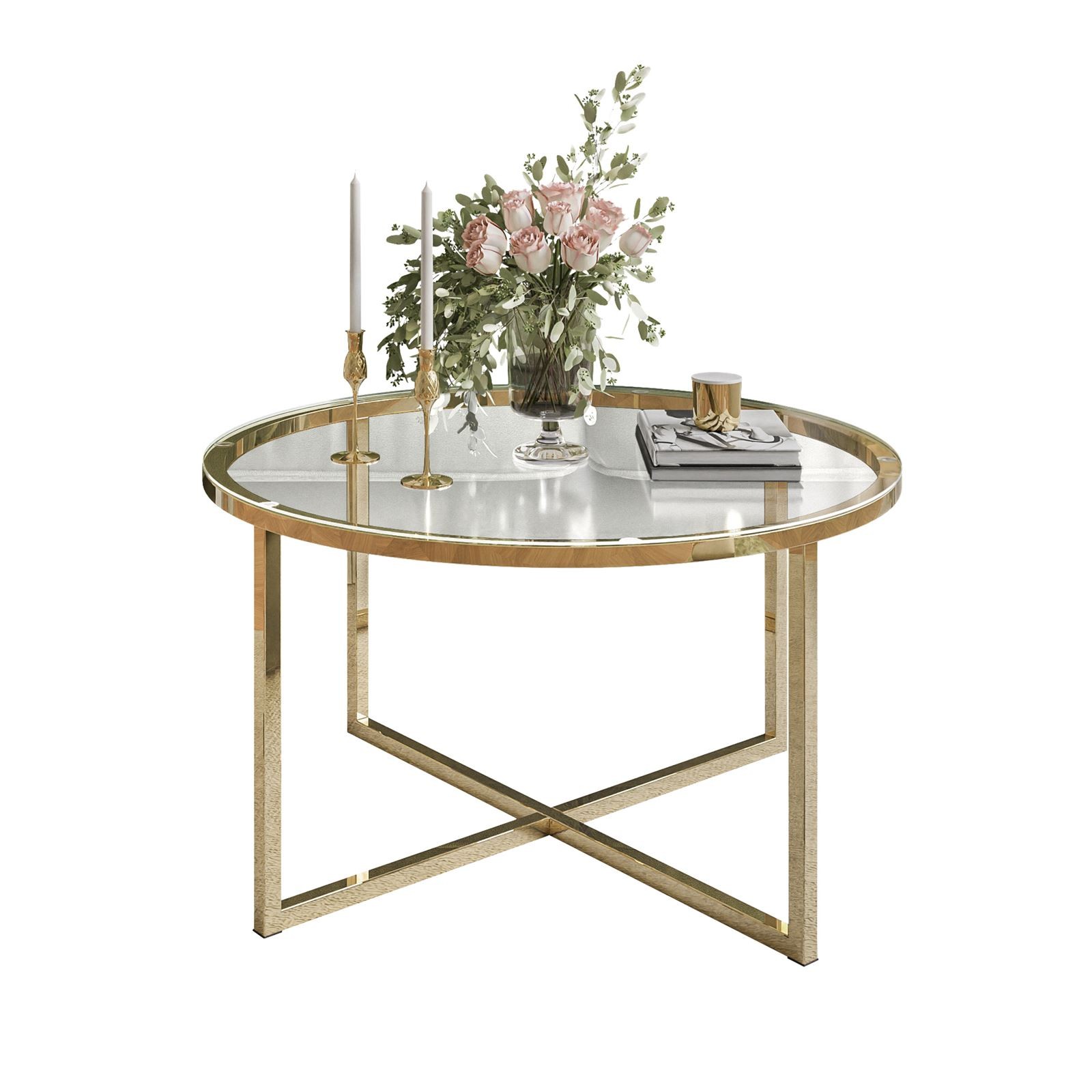 Okrągły stolik kawowy CIRI-X ze szklanym blatem i złotą podstawą
