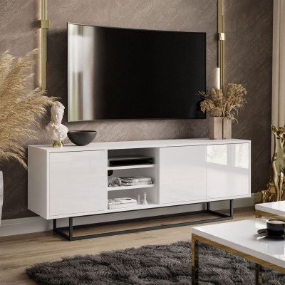 Szafka RTV SANAYI II na metalowym stelażu biały połysk