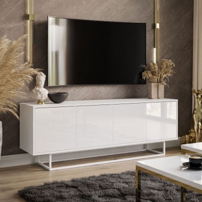 Szafka RTV SANAYI II na metalowym stelażu biały połysk