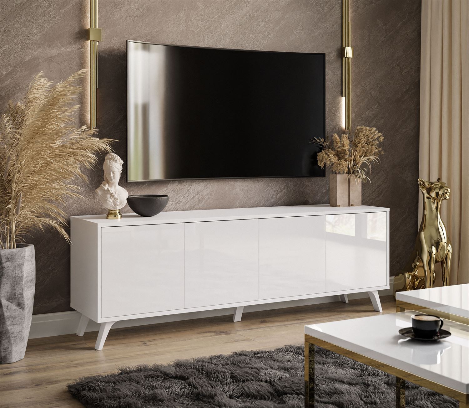 Szafka RTV SANAYI III na nóżkach biały połysk