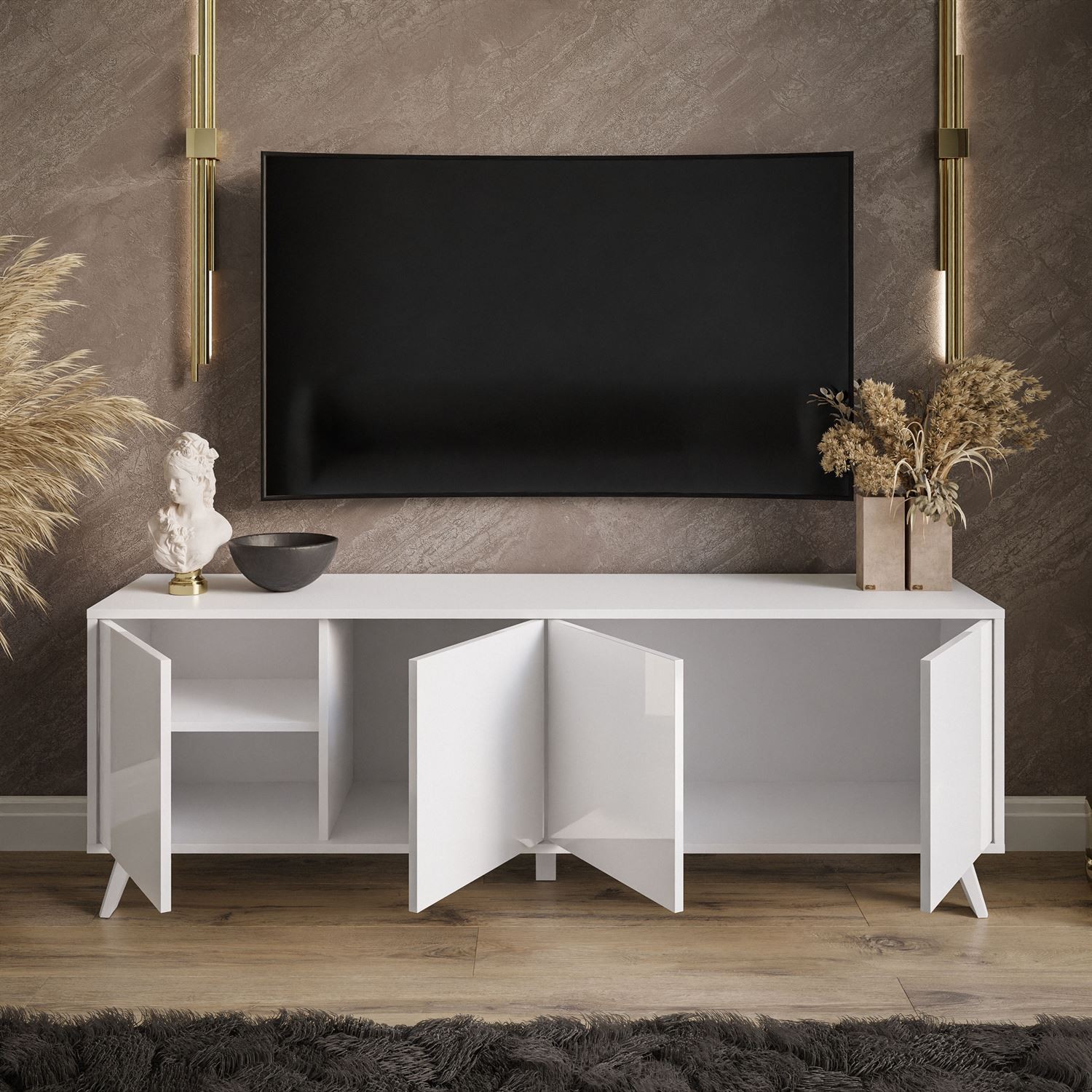 Szafka RTV SANAYI III na nóżkach biały połysk