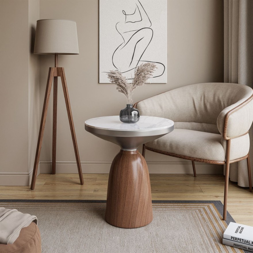 Okrągła ława BELLE orzech biały marmur