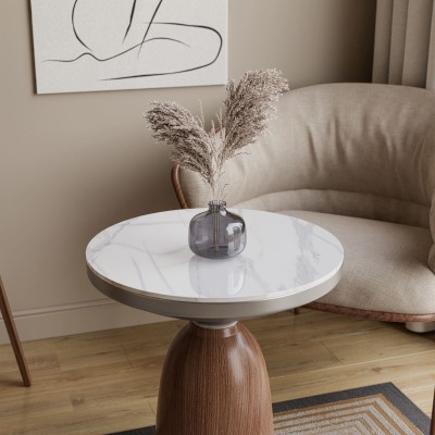 Okrągła ława BELLE orzech biały marmur